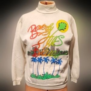 Vtg 80s Cest rad neon graphic Beverly Hills Blues glitter palm tree sweater S/M